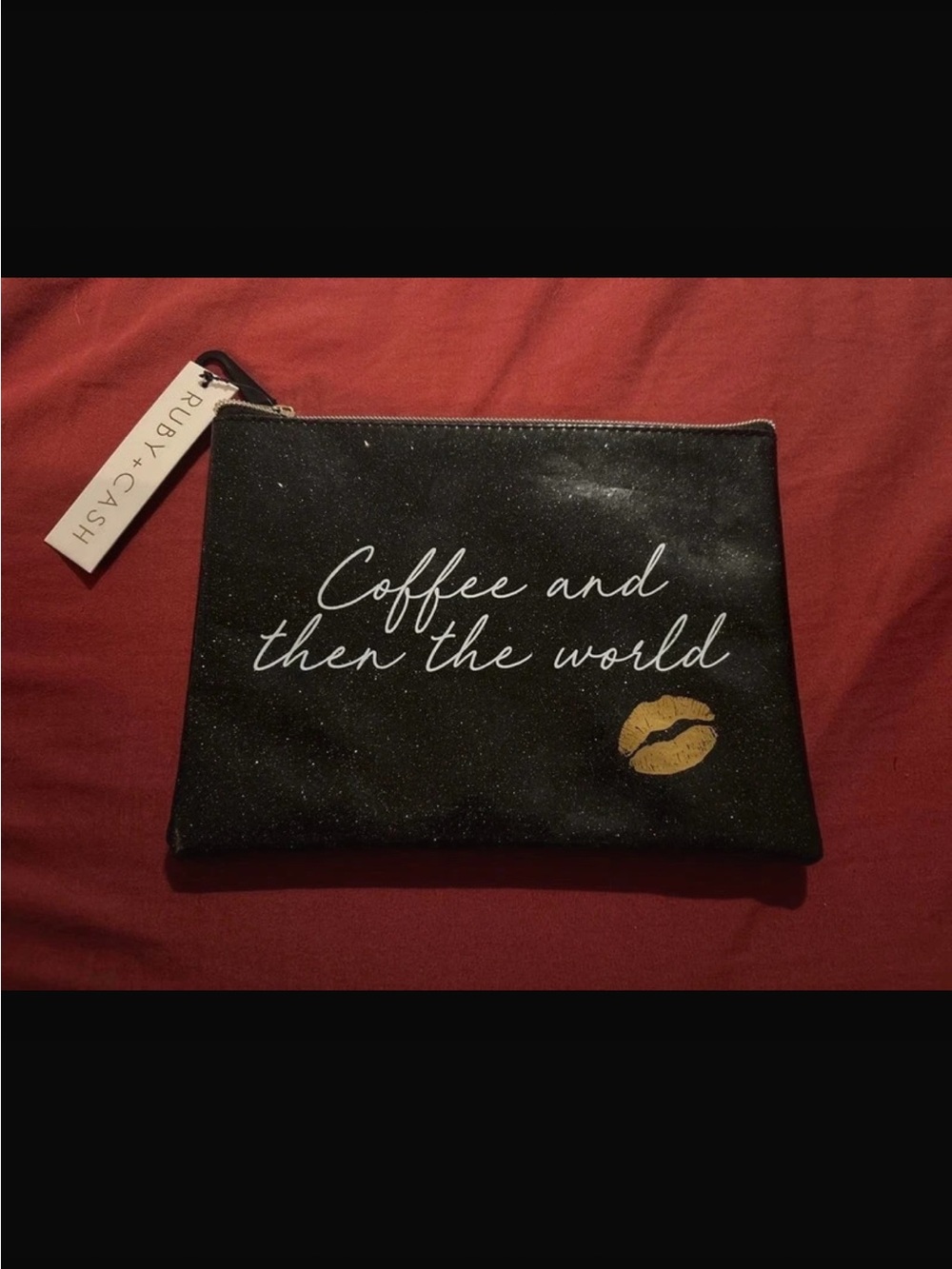 Black Glitter Pouch - "Coffee and then the world"